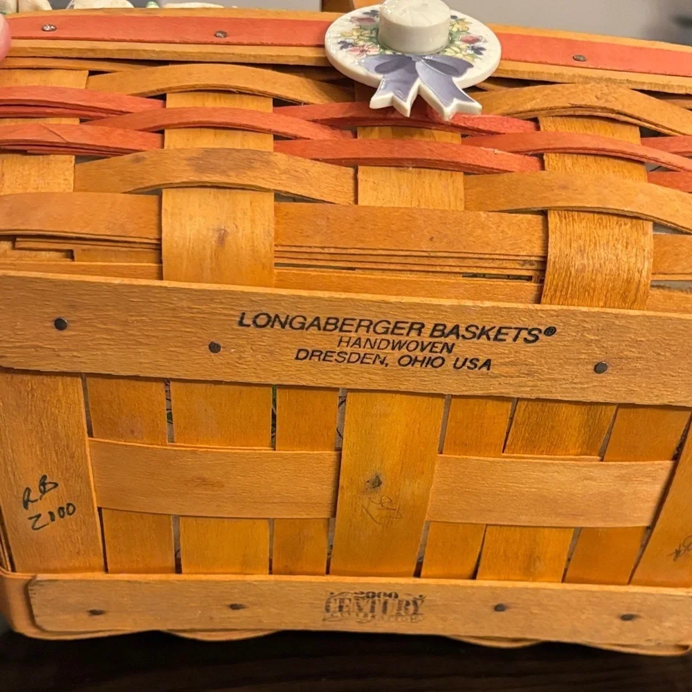 Longaberger 2000 Century Celebration Basket Floral Liner Handle Hat Medallion